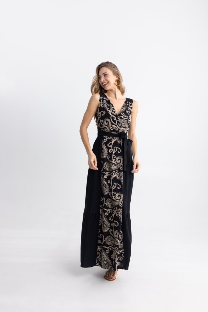 Φόρεμα OPEN Maxi Boho Με Print & Ζώνη