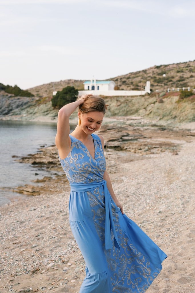 Φόρεμα OPEN Maxi Boho Με Print & Ζώνη
