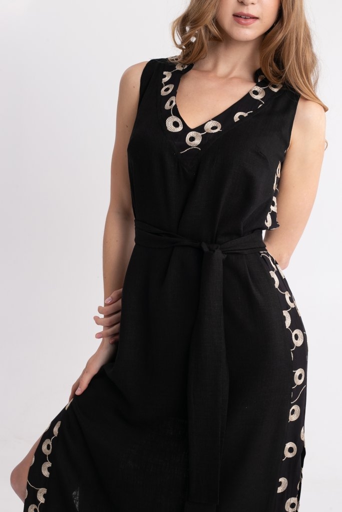 OPEN FASHION Embroidered Maxi Dress With Belt