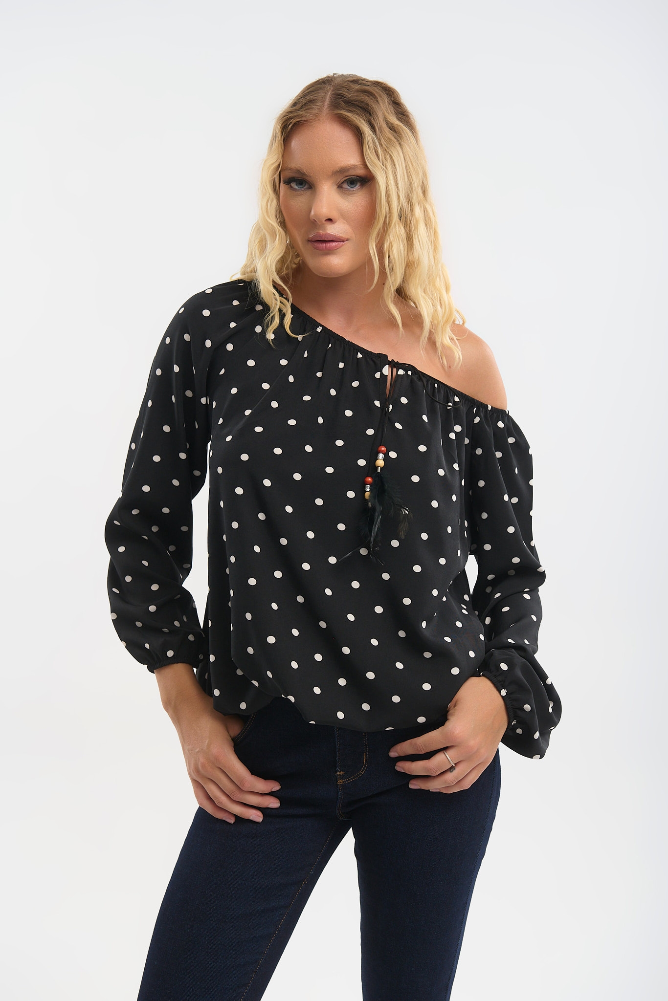 Μπλούζα Off-Shoulder Πουά με Λάστιχο