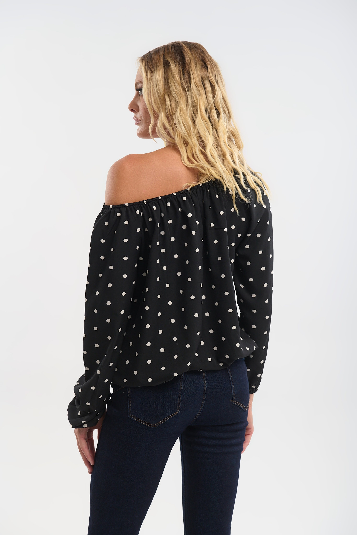 Μπλούζα Off-Shoulder Πουά με Λάστιχο