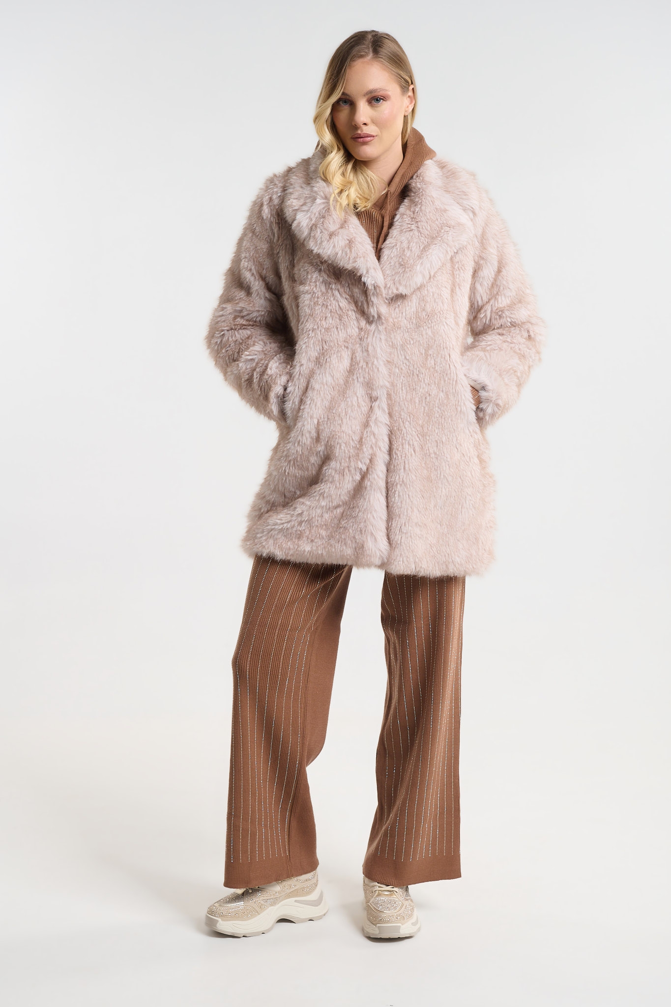 Παλτό Μακρύ Faux Fur Με Γιακά & Τσέπες