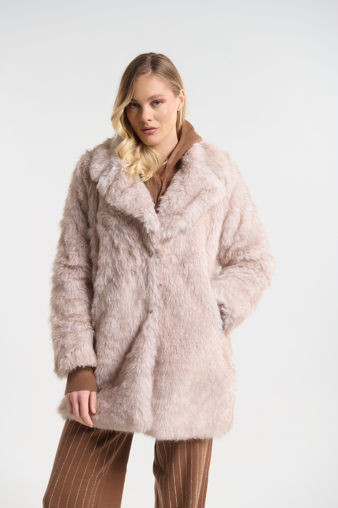 Παλτό Μακρύ Faux Fur Με Γιακά & Τσέπες