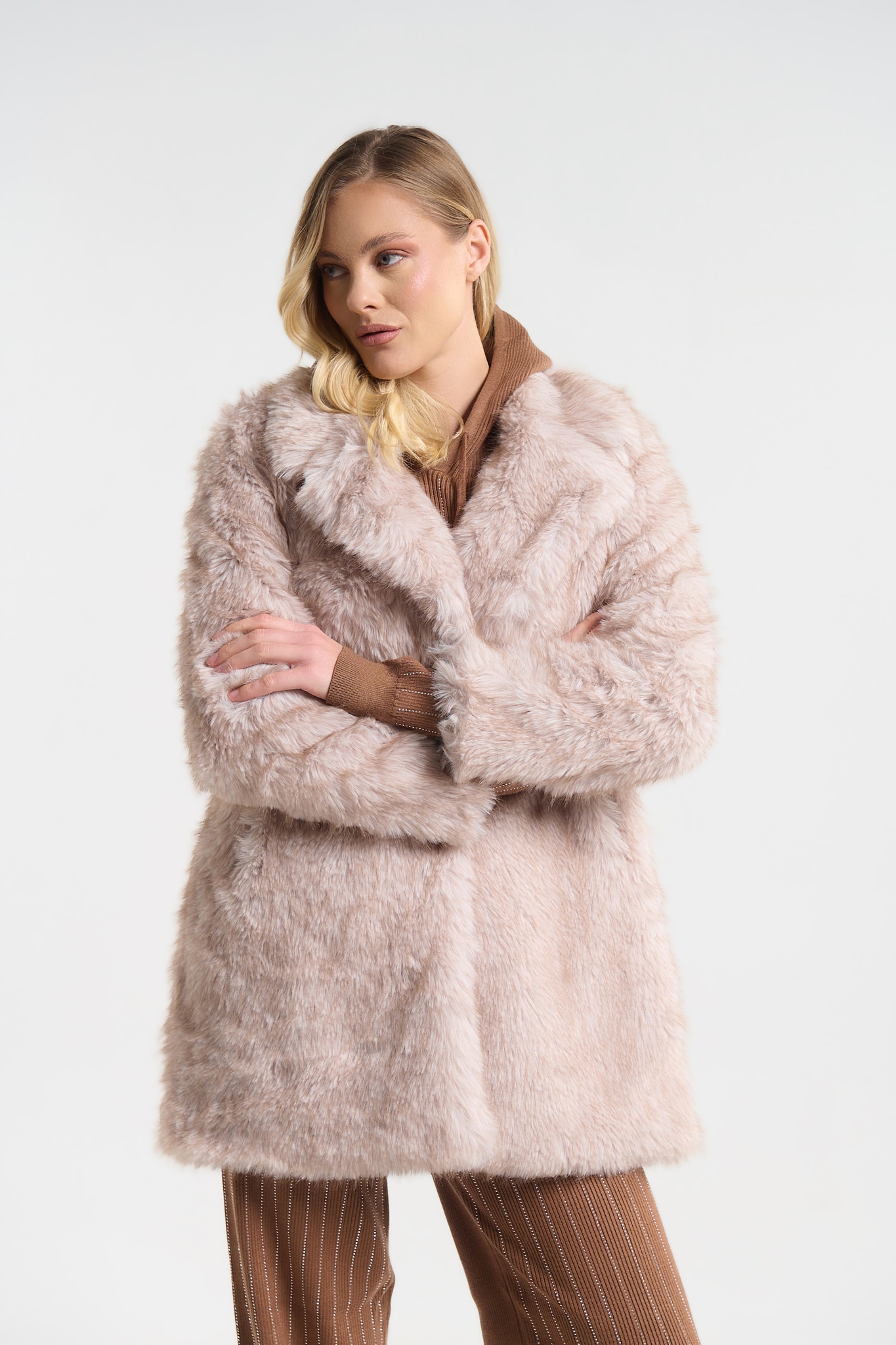 Παλτό Μακρύ Faux Fur Με Γιακά & Τσέπες