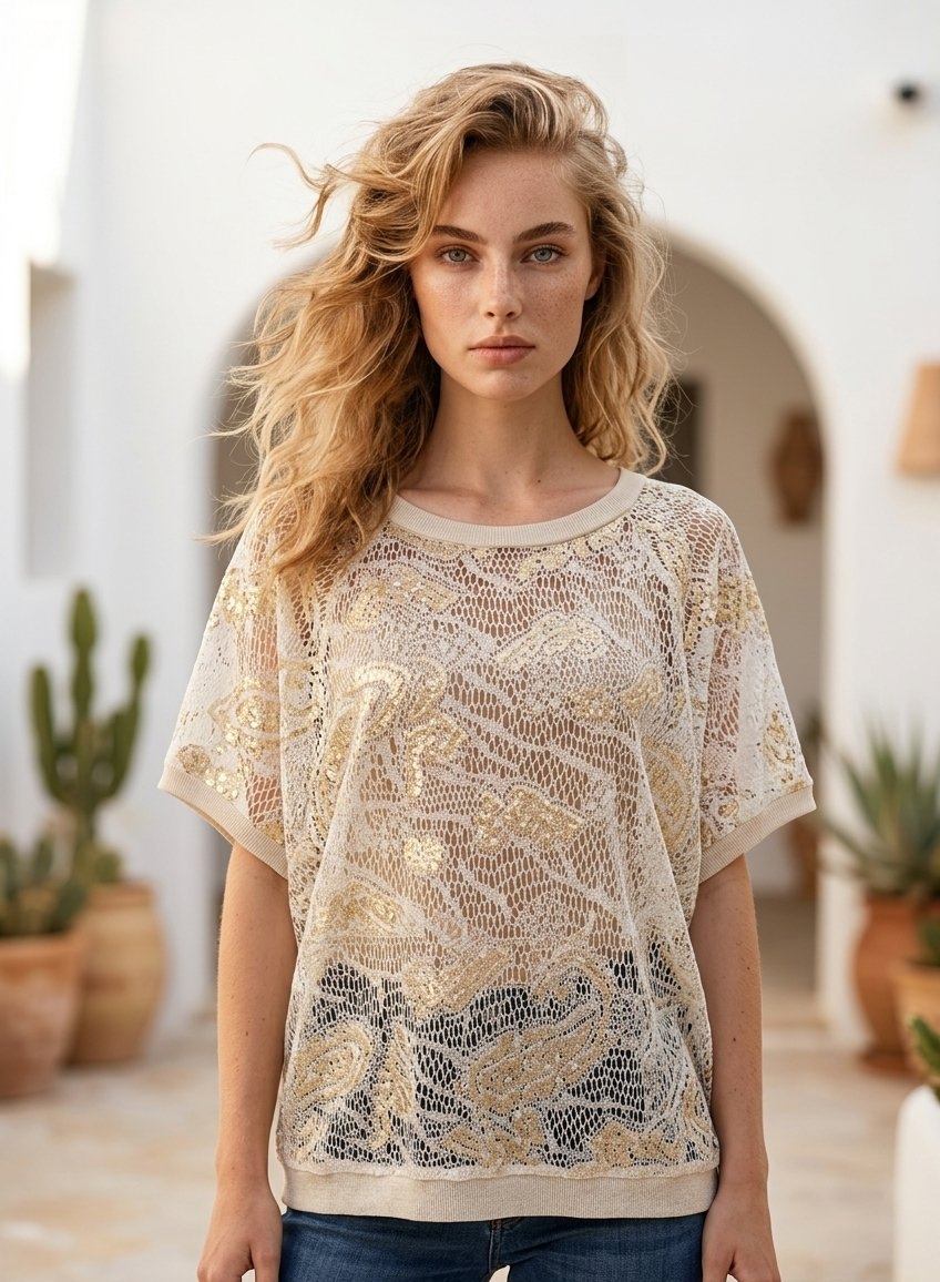 Μπλούζα Δαντέλα Lurex Με Πούλιες & Paisley Σχέδιο