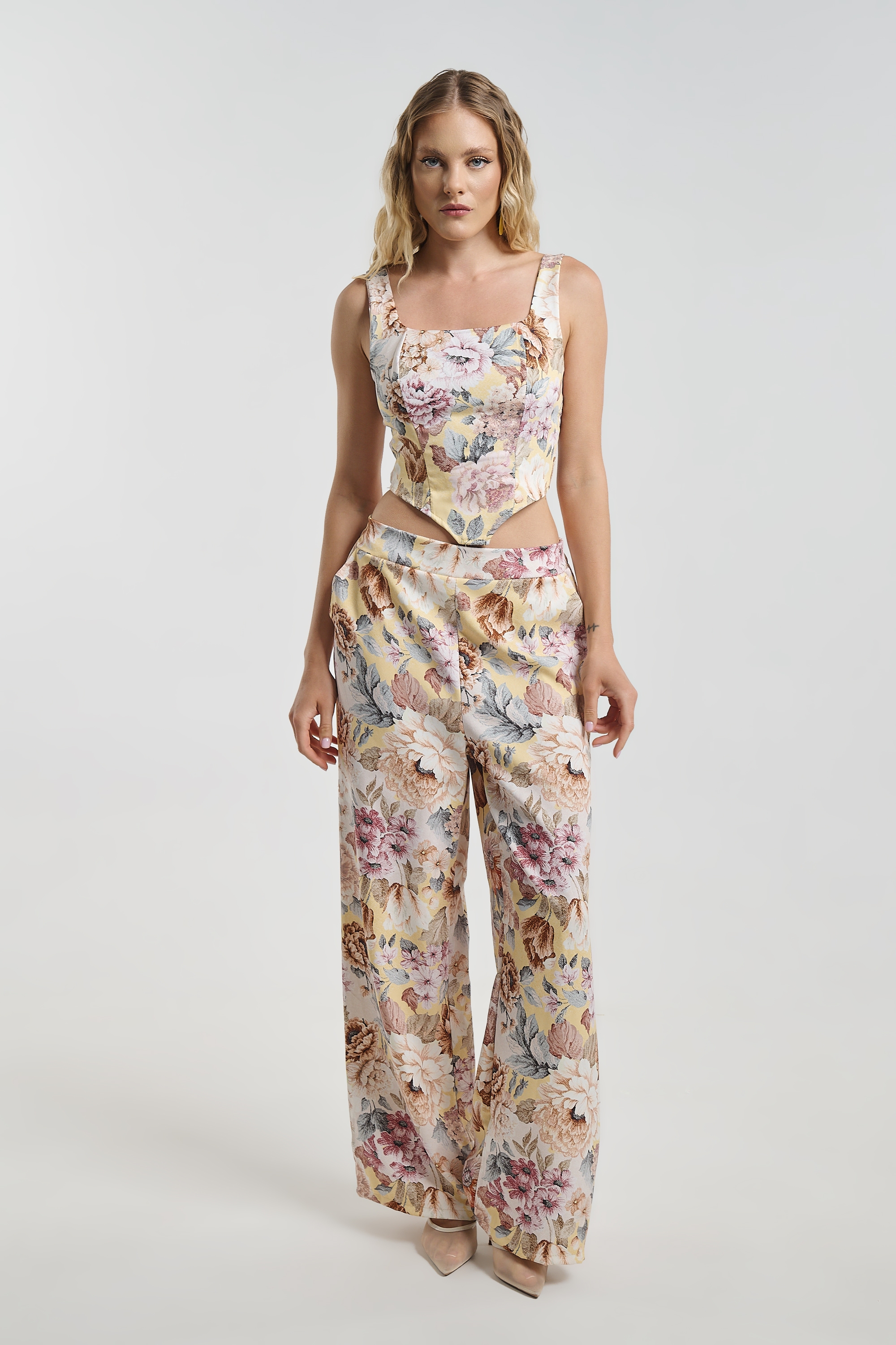 Σετ Floral Με Crop Top & Παντελόνα Wide Leg