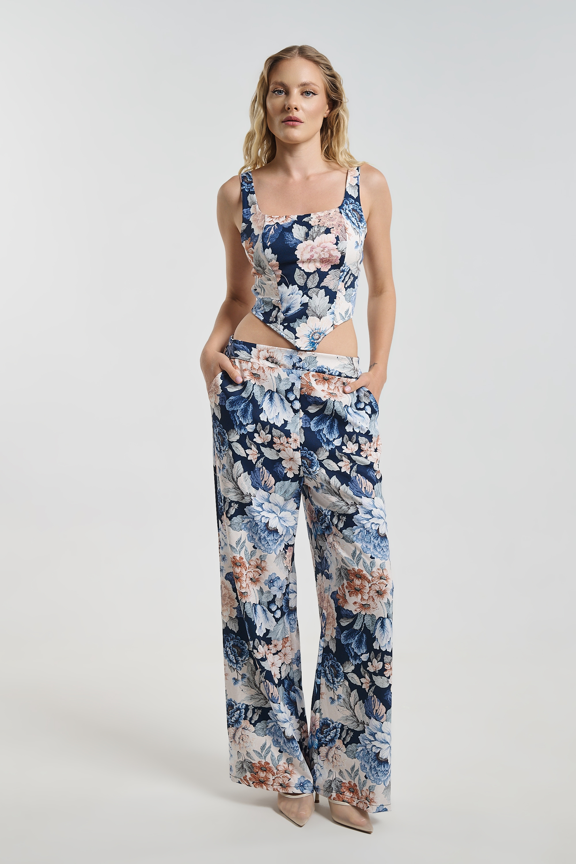 Σετ Floral Με Crop Top & Παντελόνα Wide Leg