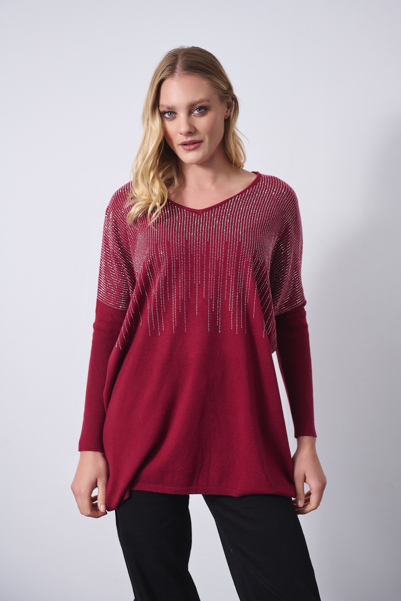 Oversized Knit Sweater with Subtle Rhinestone Details