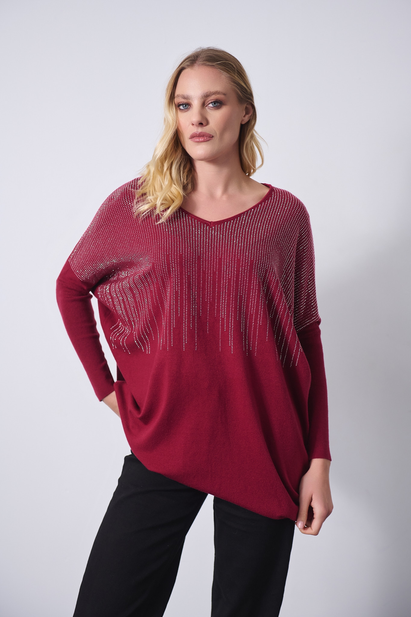 Oversized Knit Sweater with Subtle Rhinestone Details