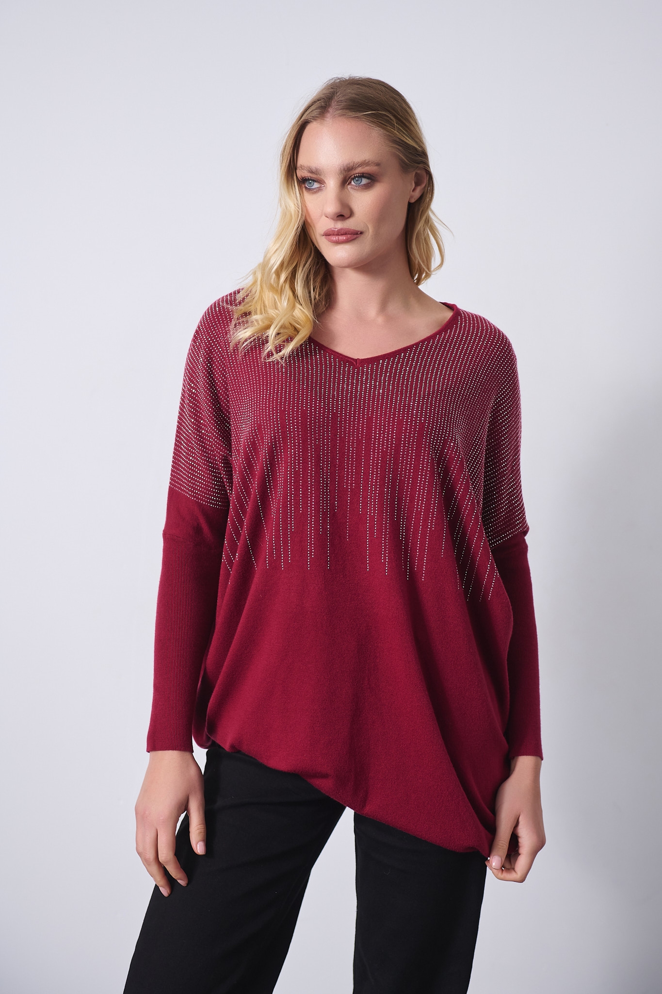 Oversized Knit Sweater with Subtle Rhinestone Details
