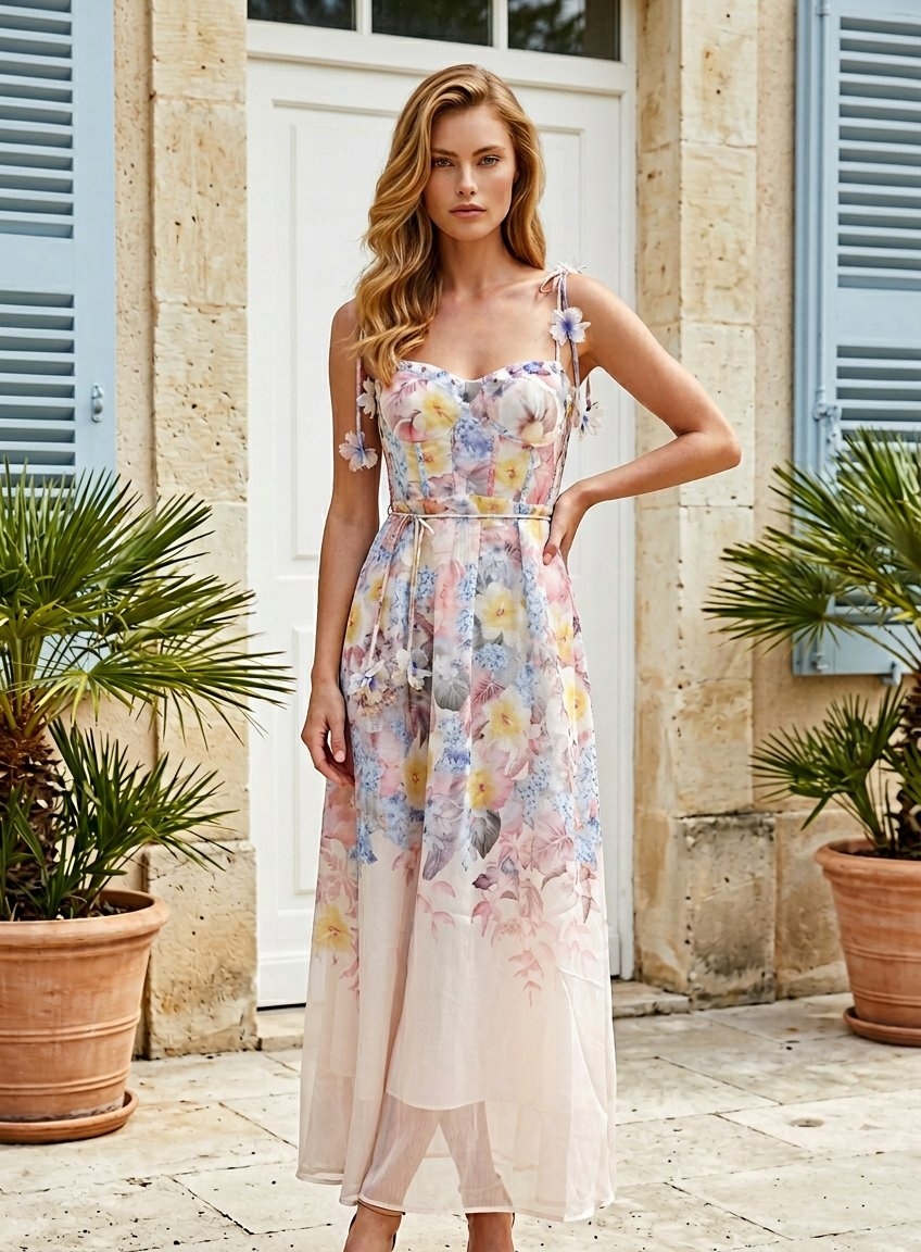 Φόρεμα Floral Midi Με Στρας & Τιράντες