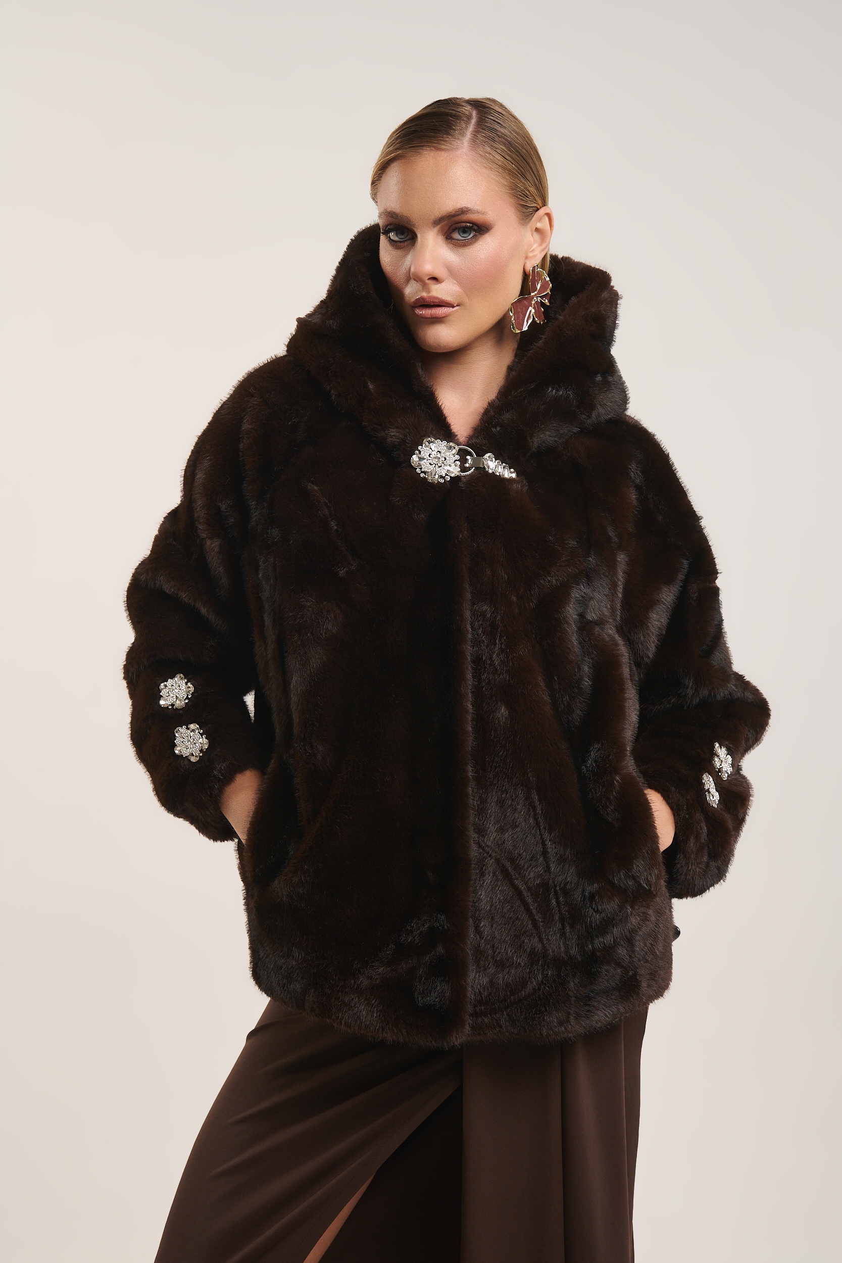 Faux Fur Hooded Jacket with Crystal Buttons