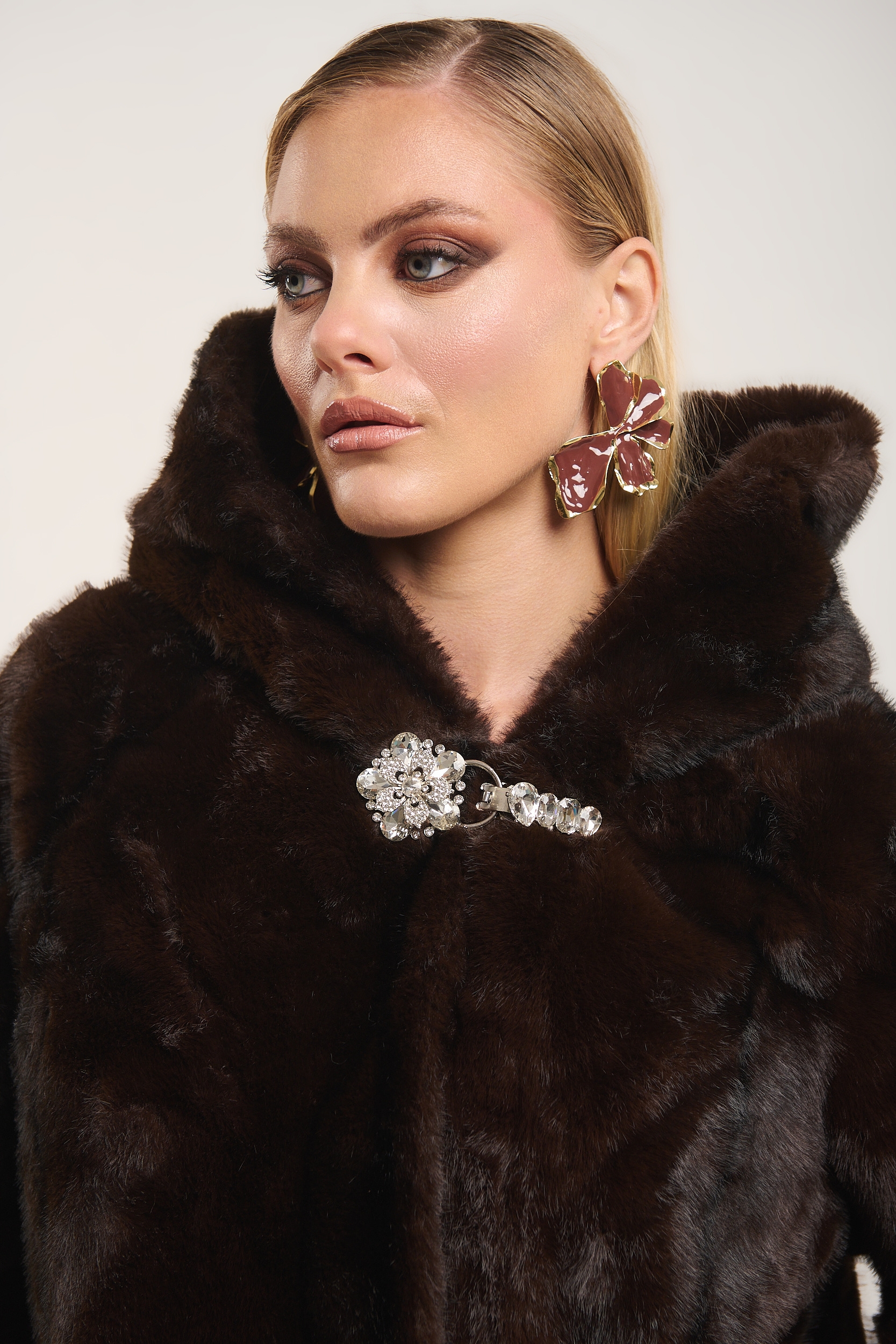 Faux Fur Hooded Jacket with Crystal Buttons