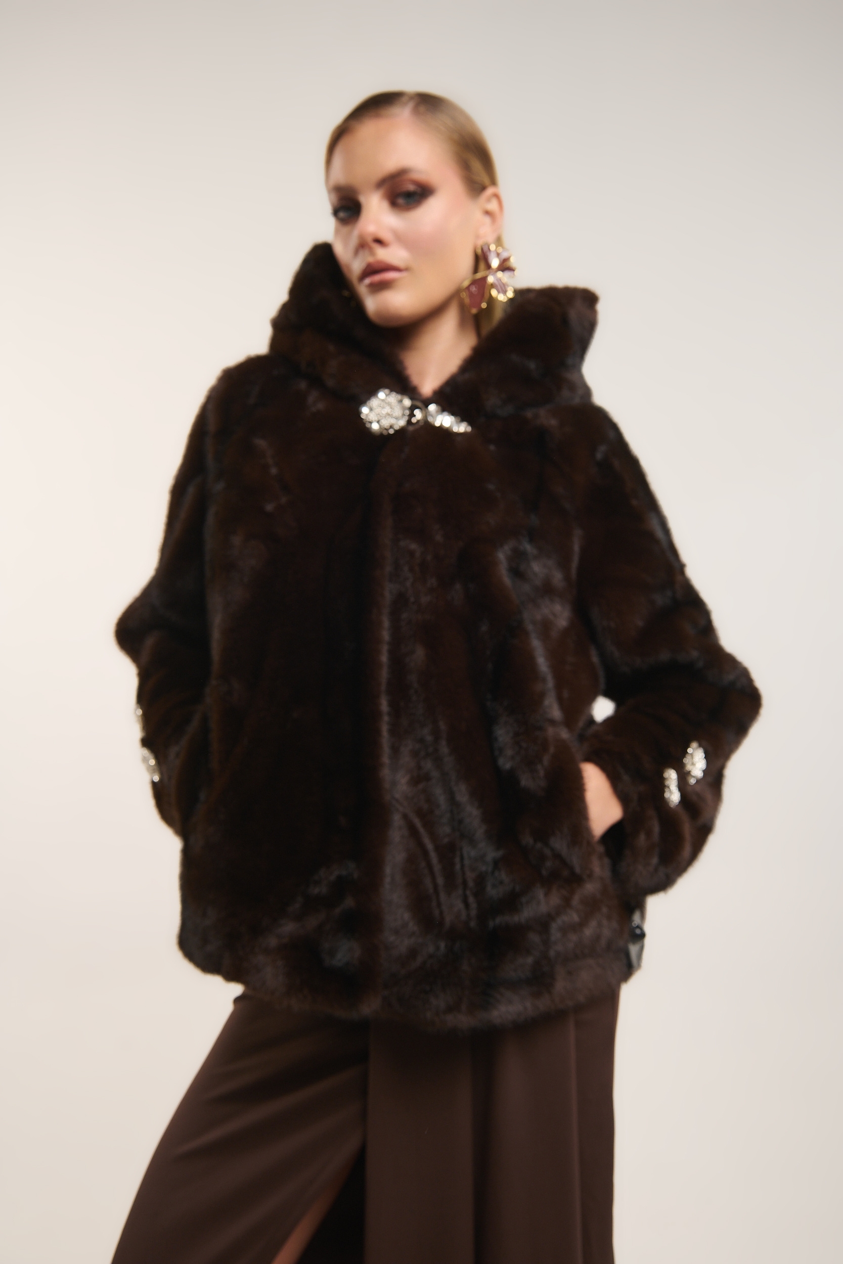 Faux Fur Hooded Jacket with Crystal Buttons