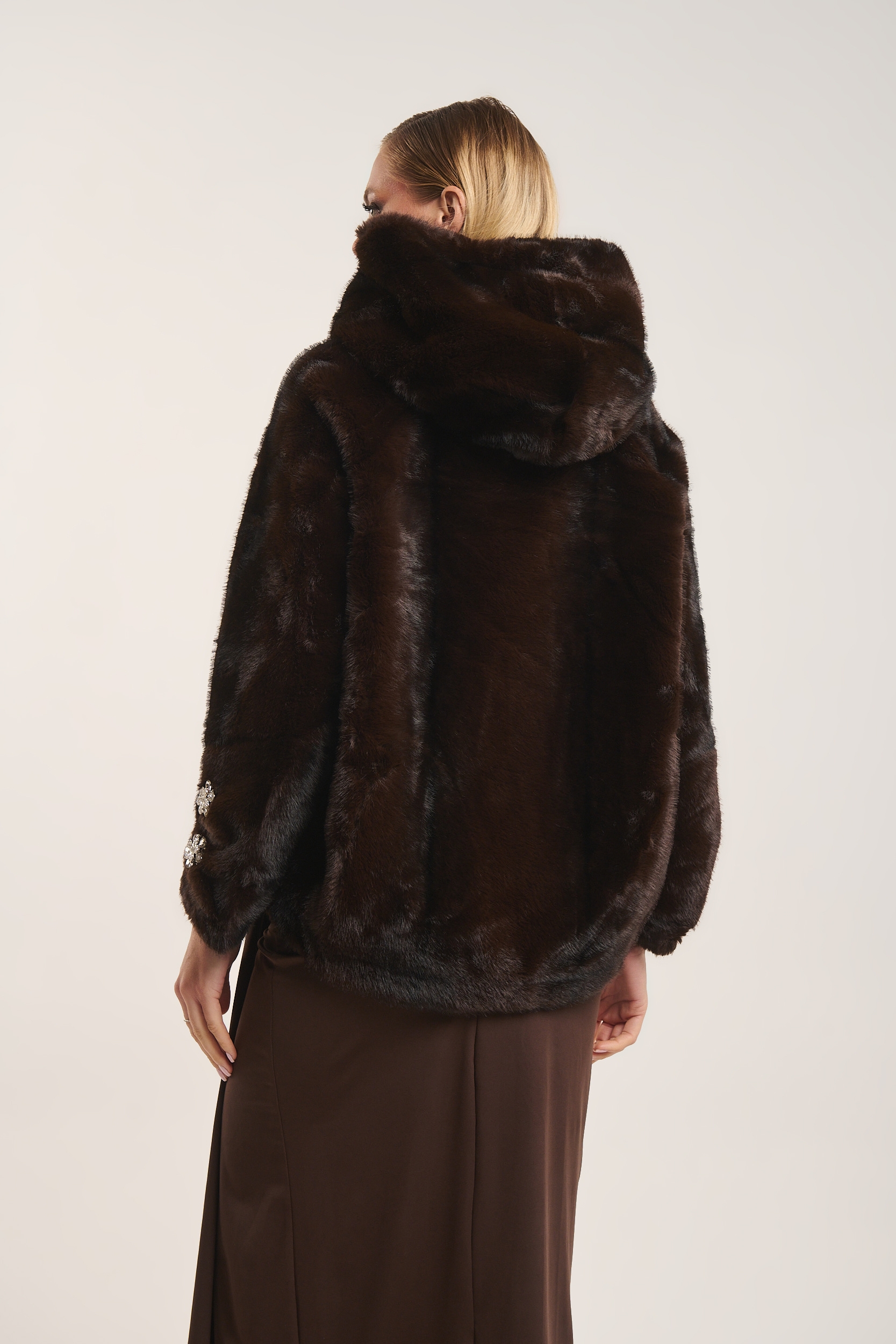 Faux Fur Hooded Jacket with Crystal Buttons