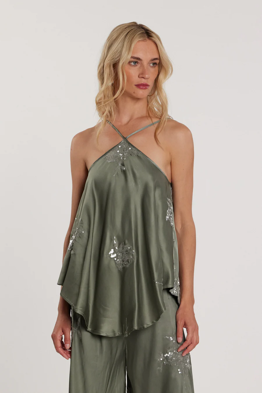 Relish Satin Jumpsuit Khaki with Sequins & Palazzo Pants – Statement Set