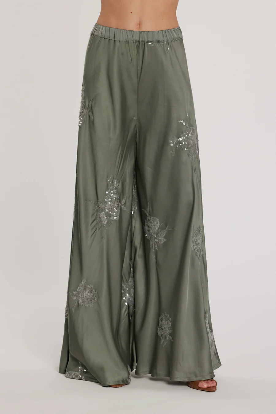 Relish Satin Jumpsuit Khaki with Sequins & Palazzo Pants – Statement Set