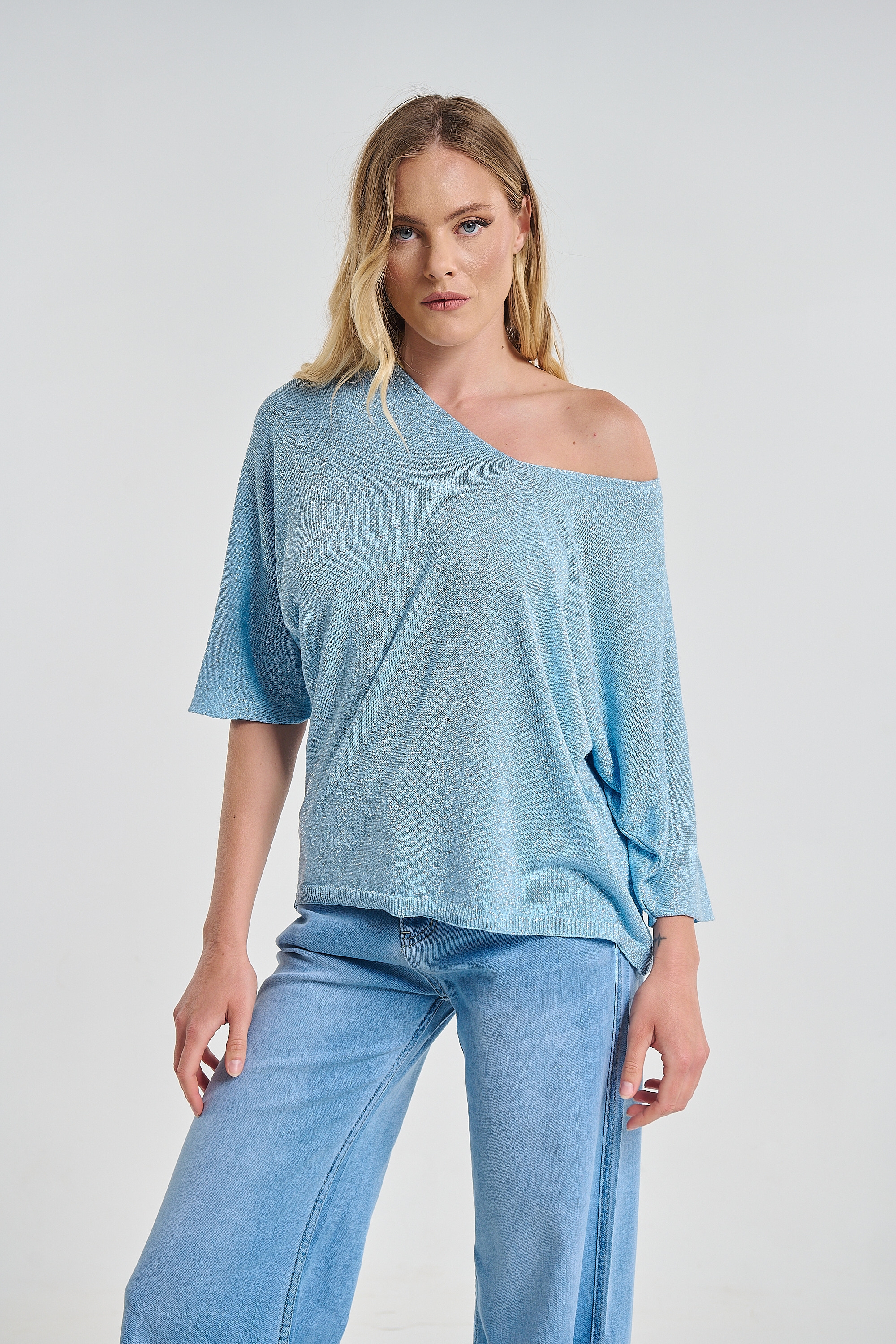 Lurex V-Neck Blouse with Loose Fit