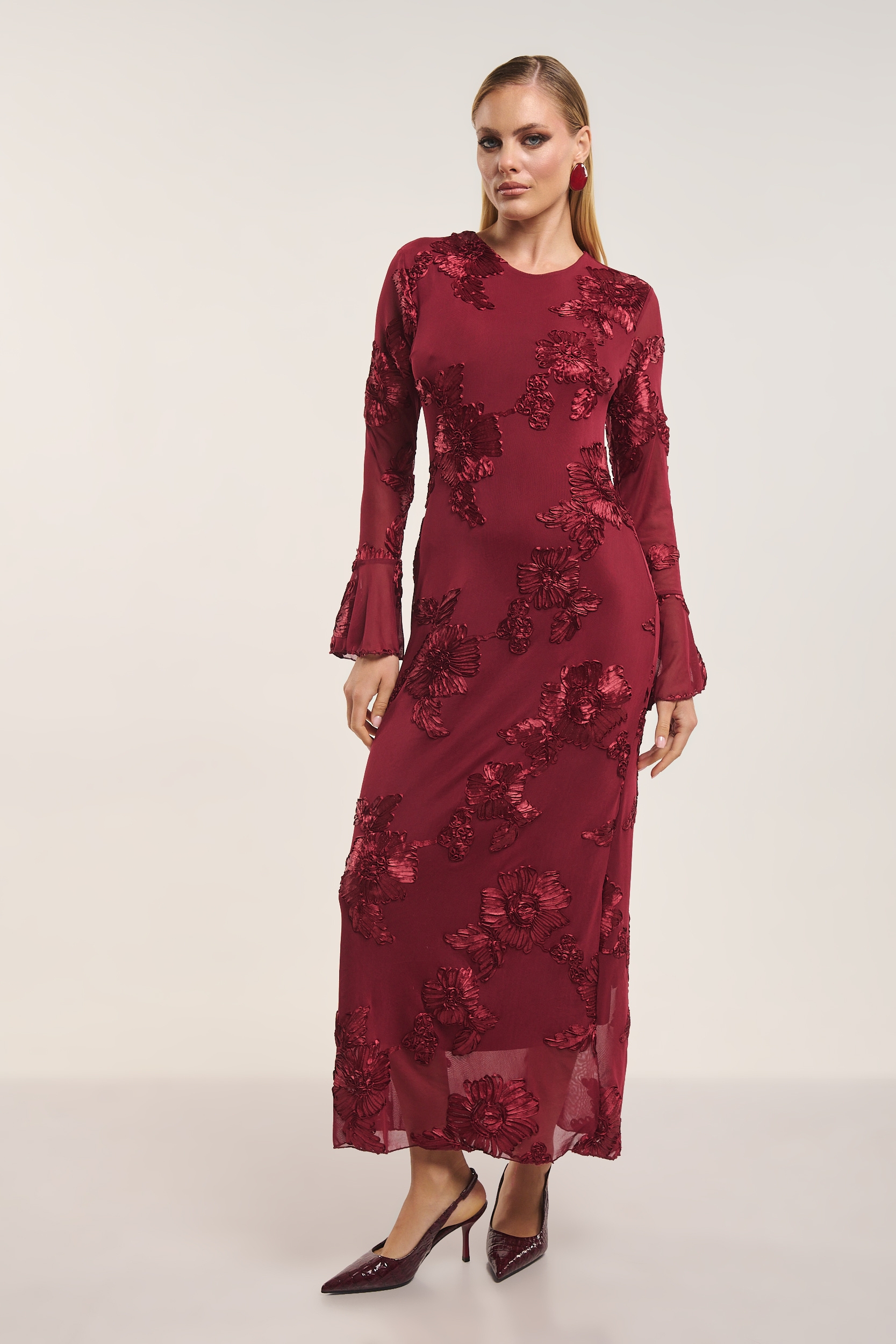alemais play embroidered dress Floral Lace Gown with Sheer Flutter Sleeves main image 0