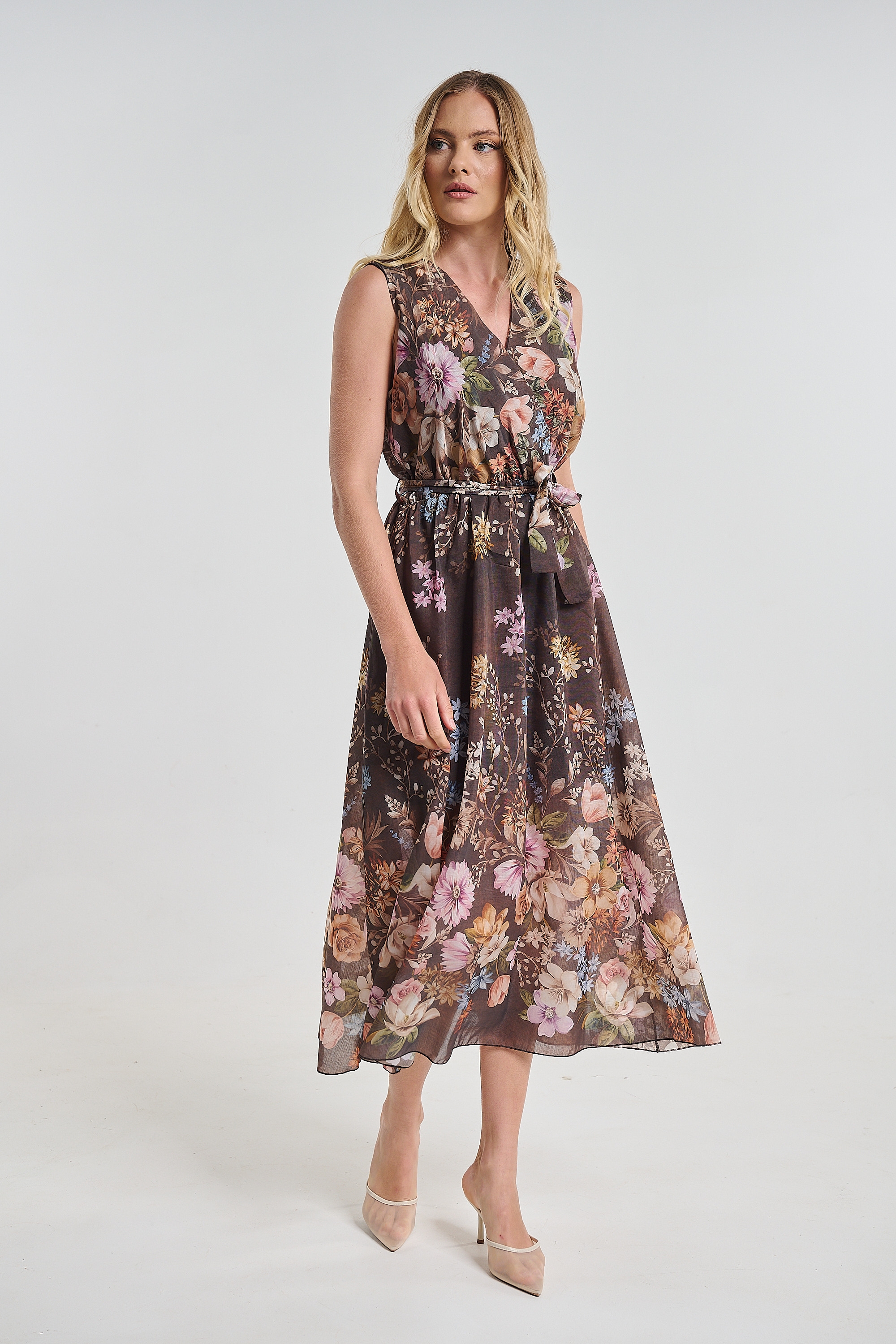 Φόρεμα Floral Αμάνικο Maxi Με Ζώνη