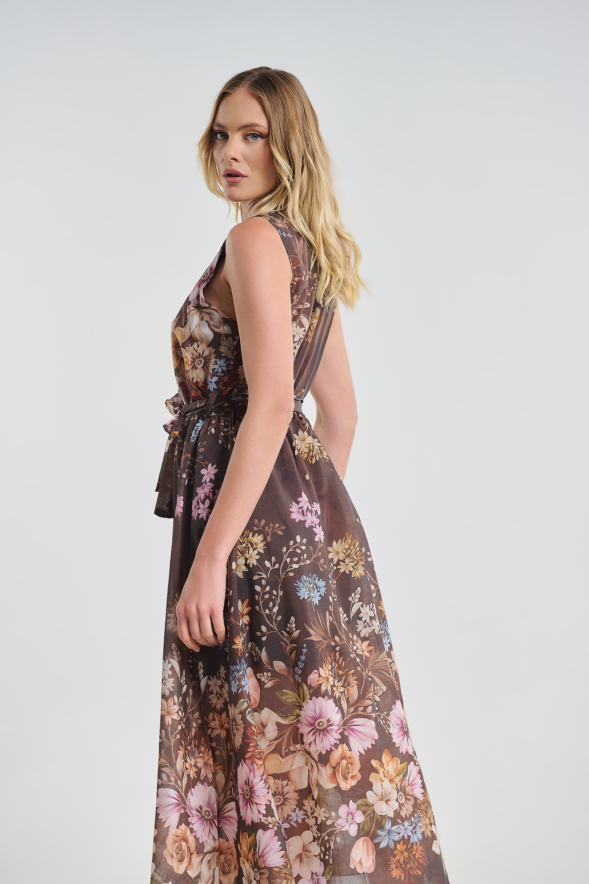 Φόρεμα Floral Αμάνικο Maxi Με Ζώνη