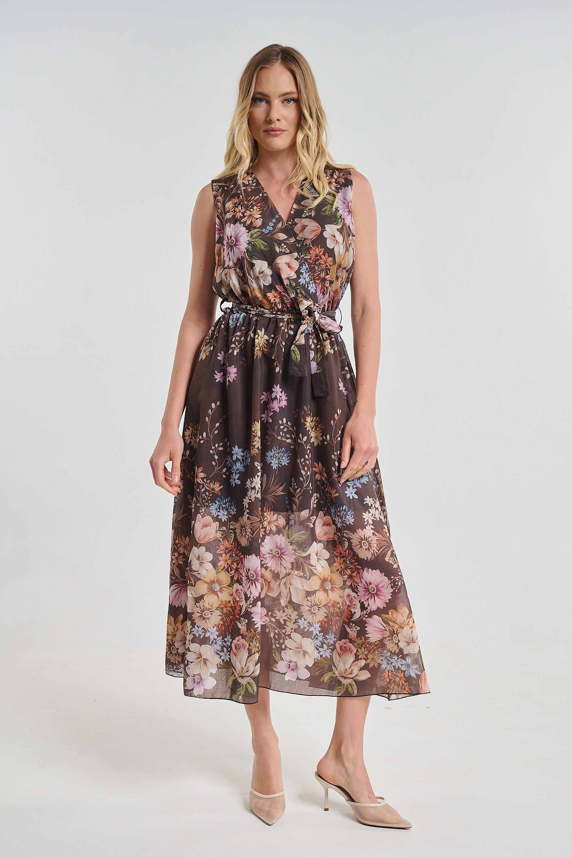 Φόρεμα Floral Αμάνικο Maxi Με Ζώνη