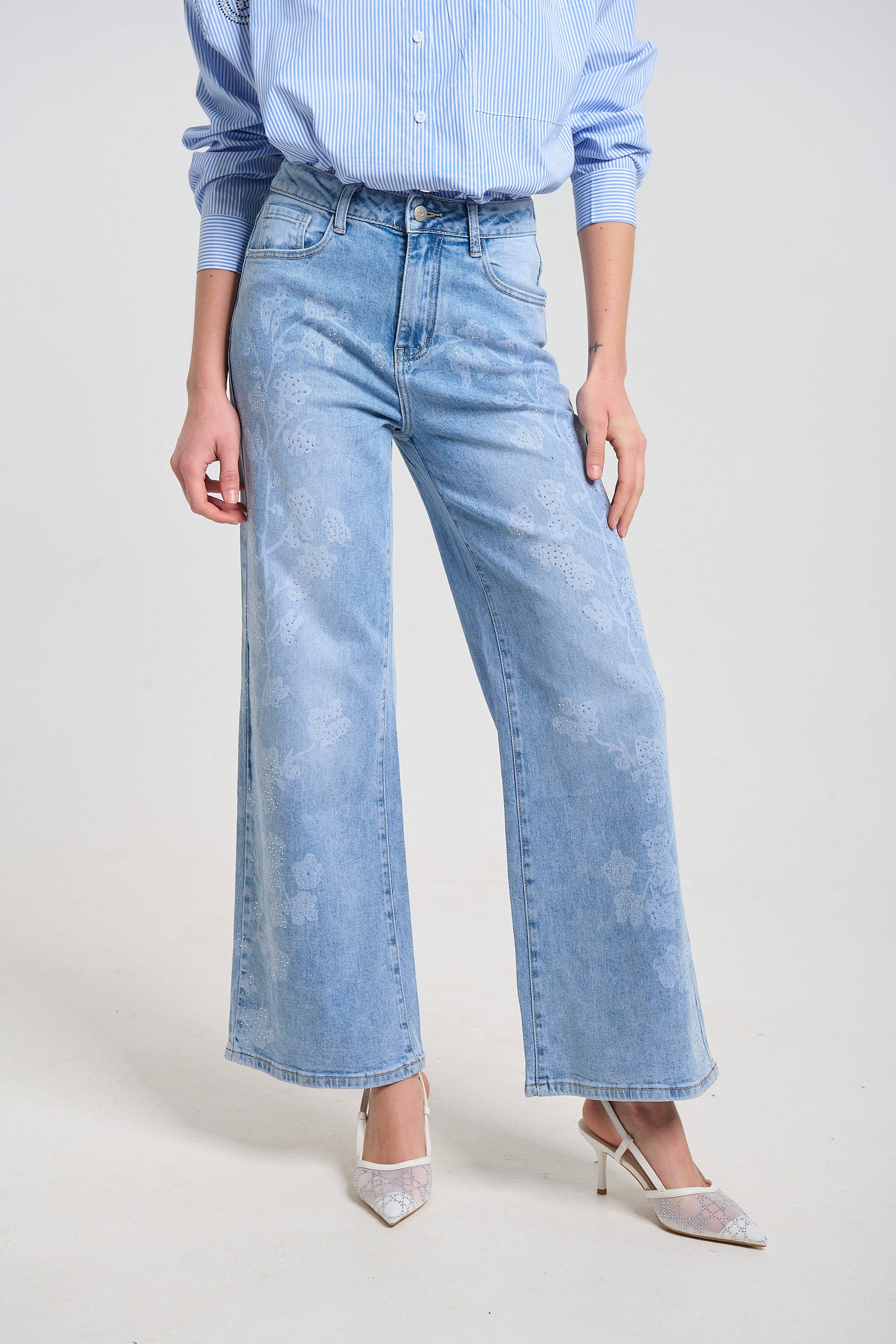 Παντελόνι Τζιν Wide Leg με Floral Τύπωμα