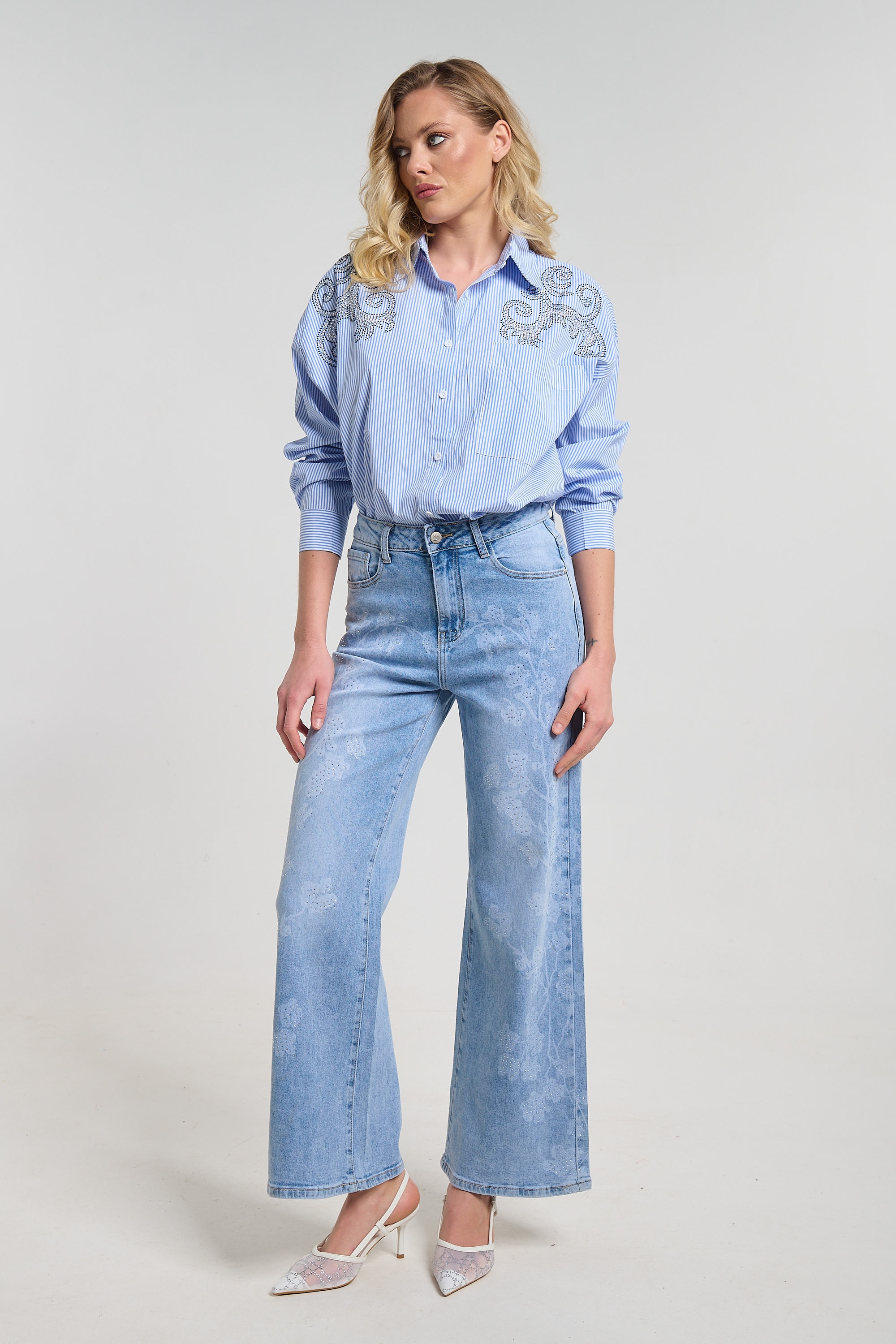 Παντελόνι Τζιν Wide Leg με Floral Τύπωμα