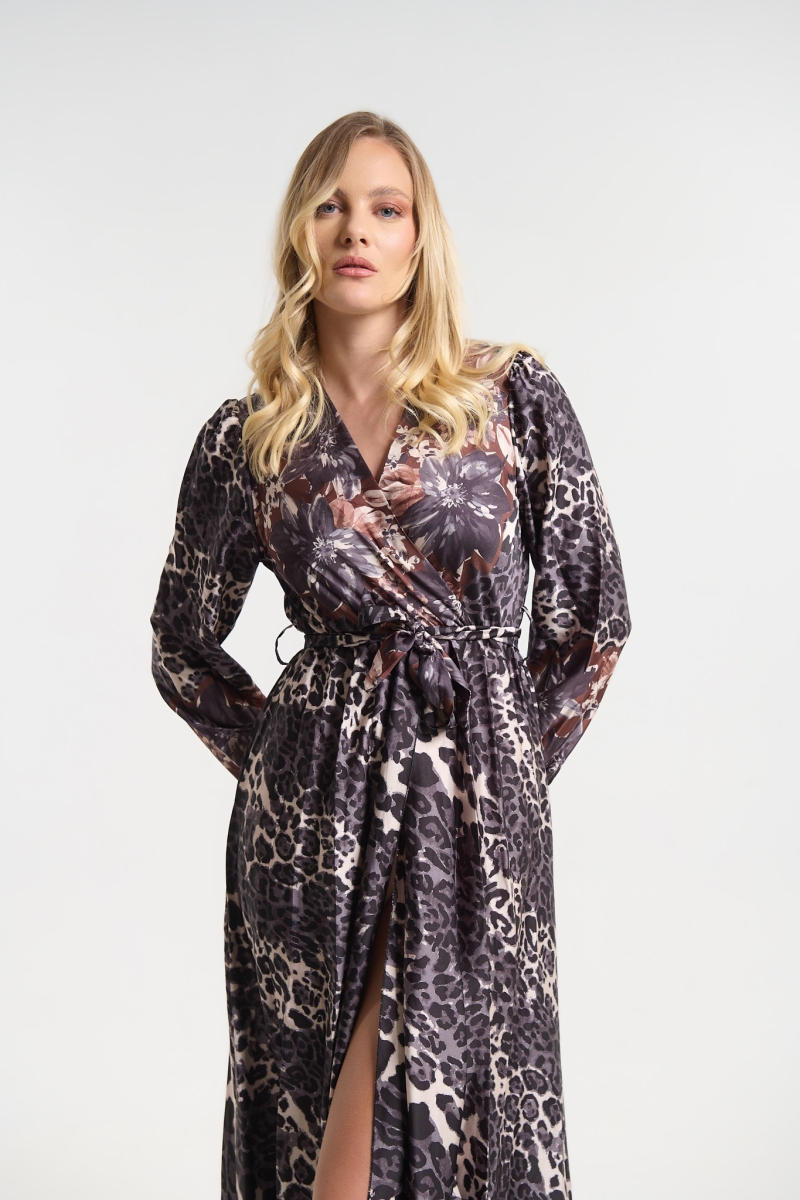 Φόρεμα Μακρύ Animal Print με Floral Λεπτομέρειες 
