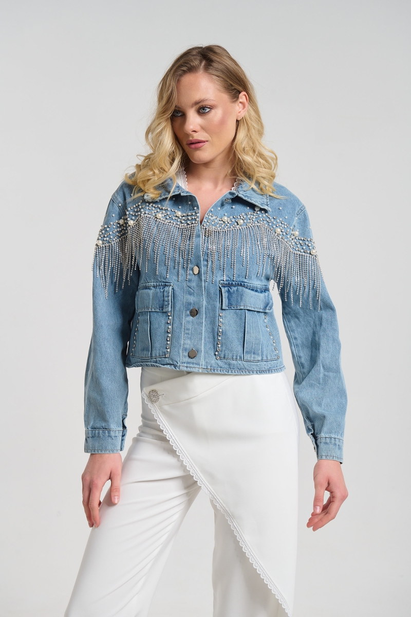 Μπουφάν Τζιν Crop Με Πέρλες & Κρυστάλλινα Κρόσσια