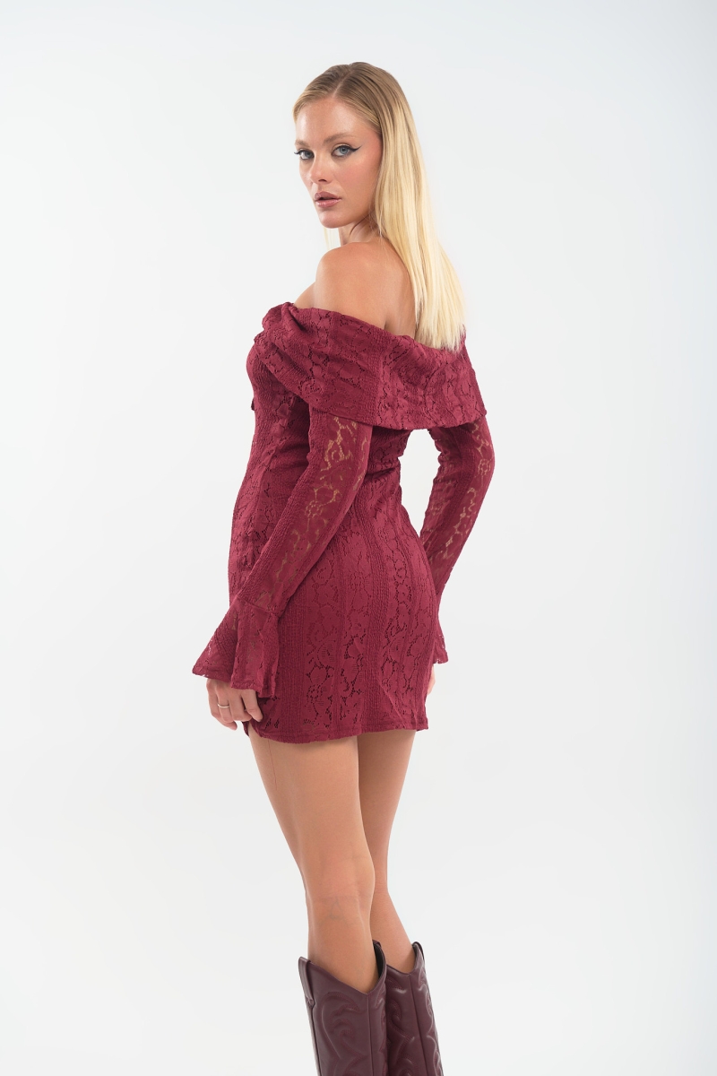 Mini Lace Off-Shoulder Dress with Lining & Long Sleeves