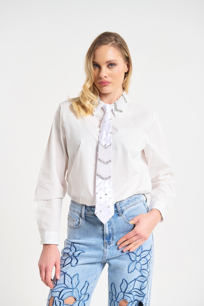 Πουκάμισο Με Διακοσμητική Γραβάτα & Πέρλες