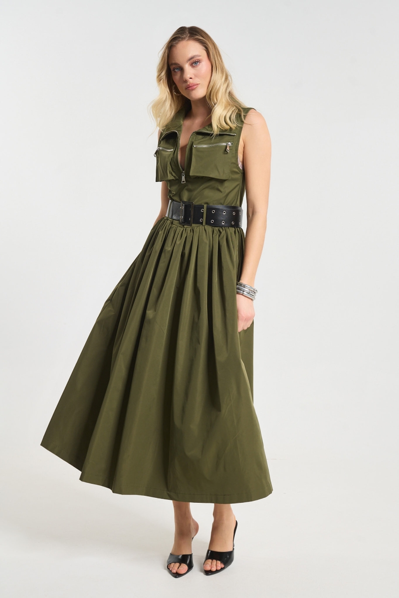 Φόρεμα Maxi Με Ζώνη & Τσέπες Με Φερμουάρ