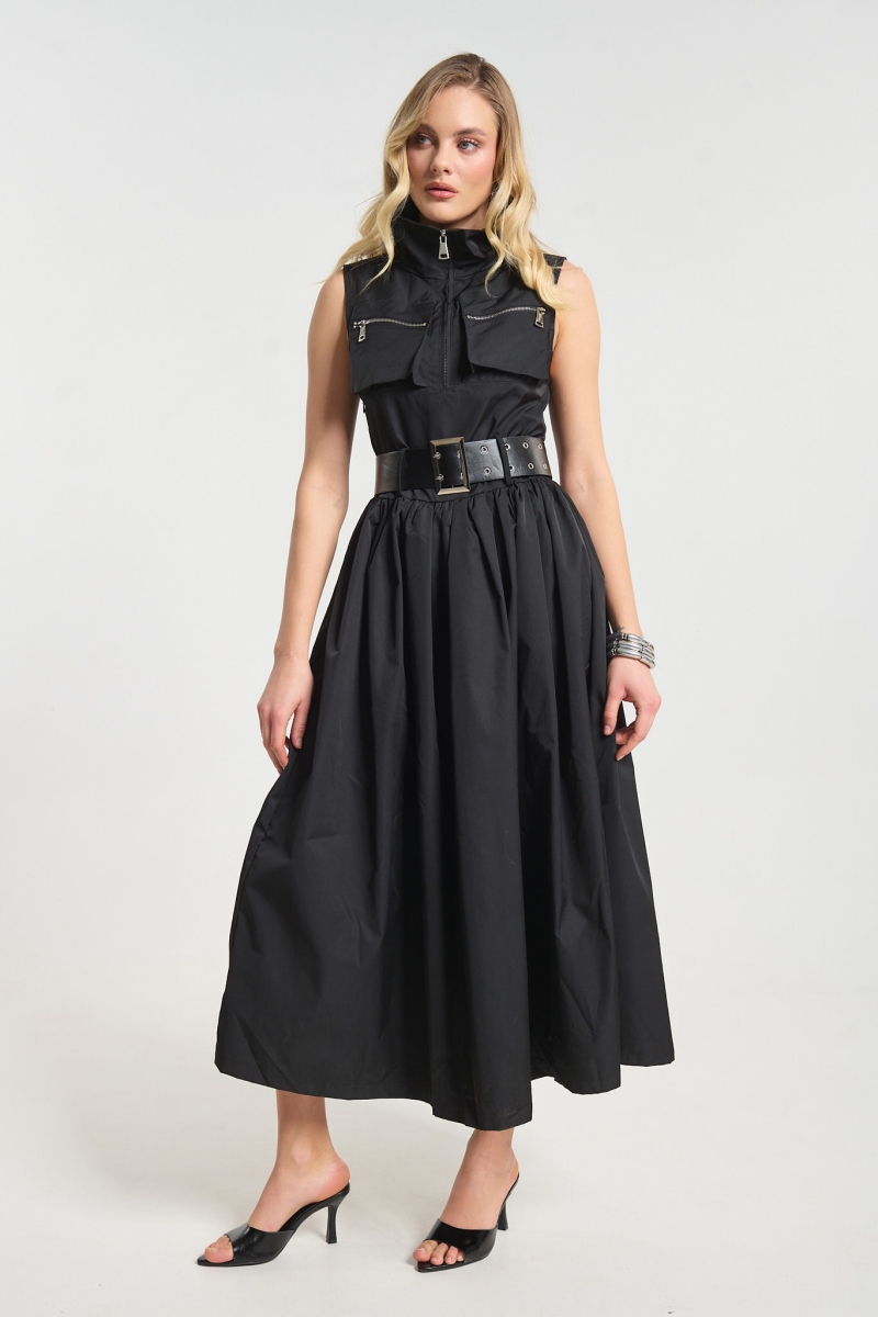 Φόρεμα Maxi Με Ζώνη & Τσέπες Με Φερμουάρ