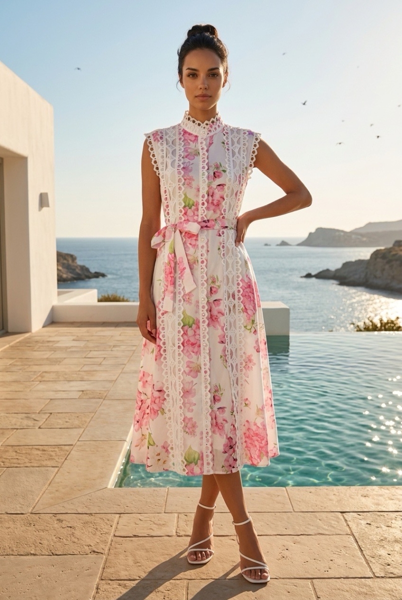 Φόρεμα Floral με Δαντέλα & Ζώνη