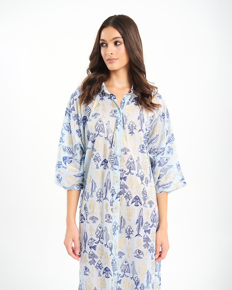 BLE Maxi Shirt Dress with Sea-Inspired Print