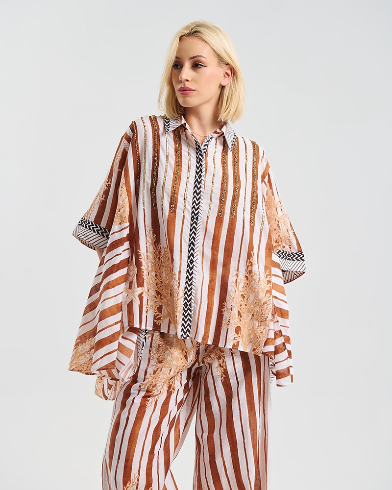 BLE Oversized Striped Shirt with Sea Inspired Print