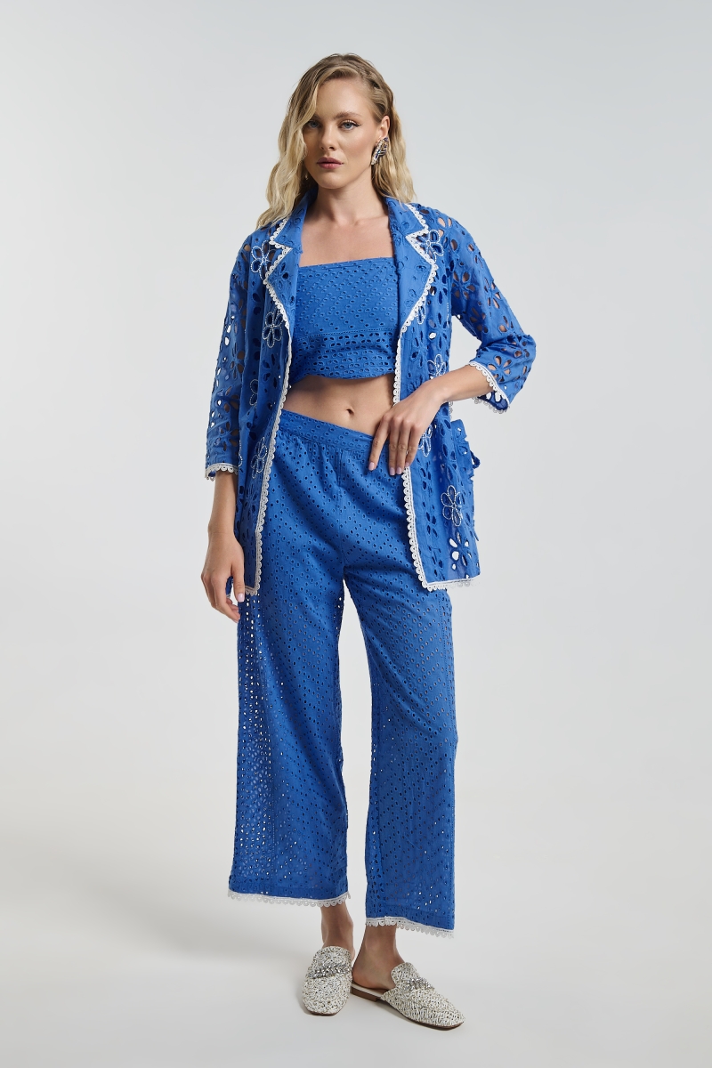 BLE 3-Piece Broderie Set with Crop Top & Wide Leg Pants