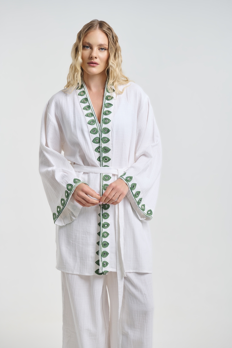 BLE White Kimono & Pants Set with Embroidery