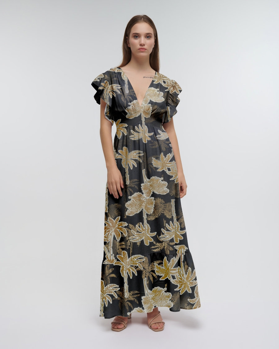 BLE Tropical Print Maxi Dress with Ruffle Sleeves