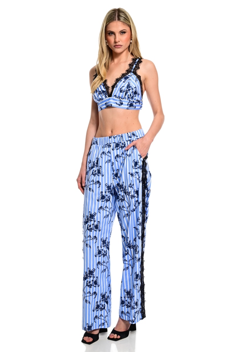 Striped Floral Pants with Lace Detail WECOSS