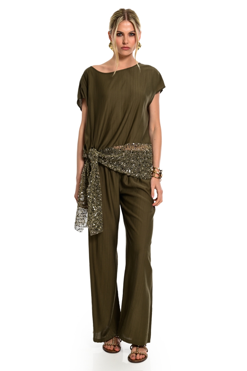 WECOSS Olive Wide Leg Satin Pants