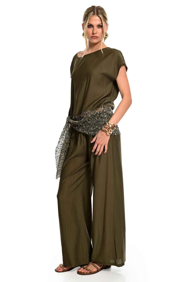 WECOSS Olive Wide Leg Satin Pants