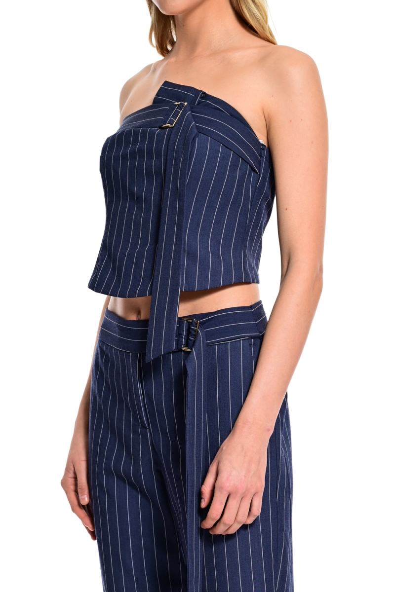 WECOSS Pinstripe Strapless Top With Buckle Detail