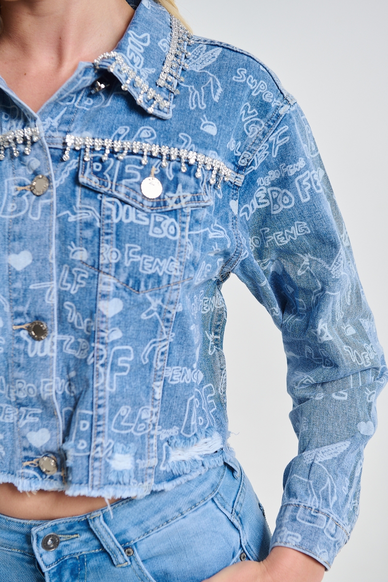 Cropped Denim Jacket With Print & Rhinestone Details
