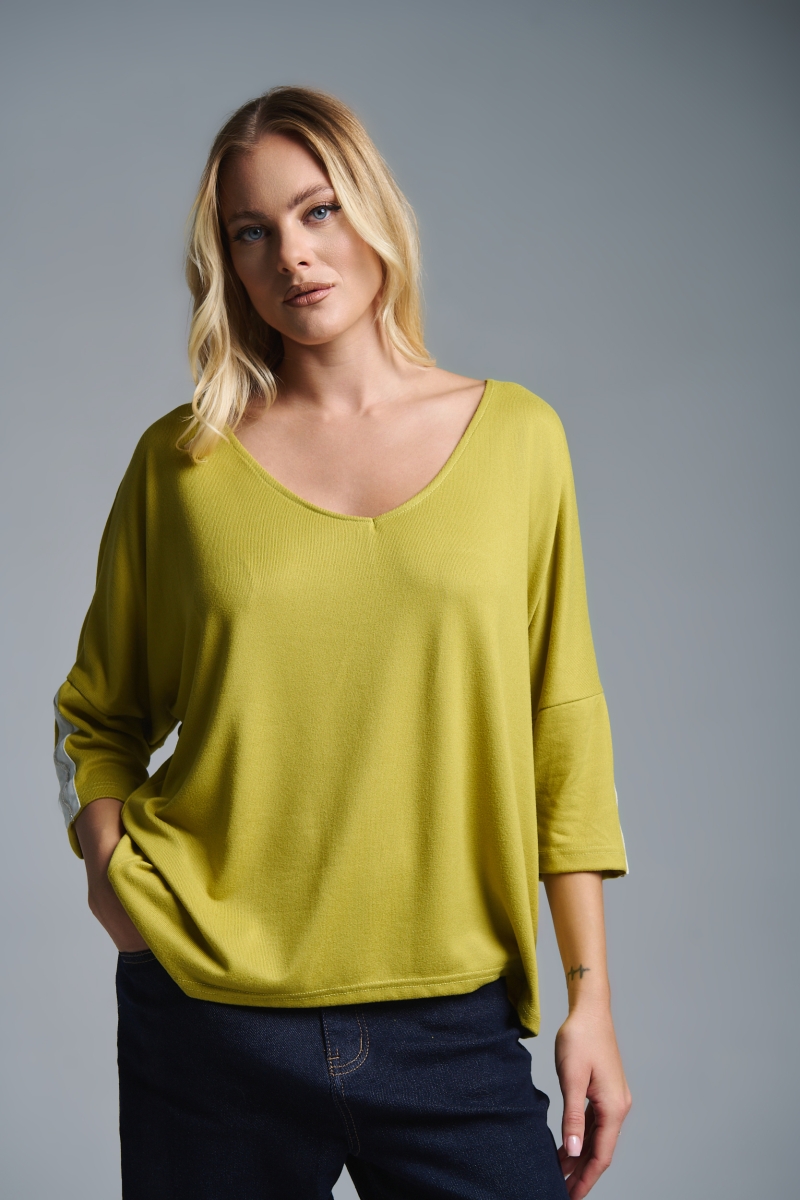 Kellys V-Neck Blouse with Rhinestone Sleeve Detail