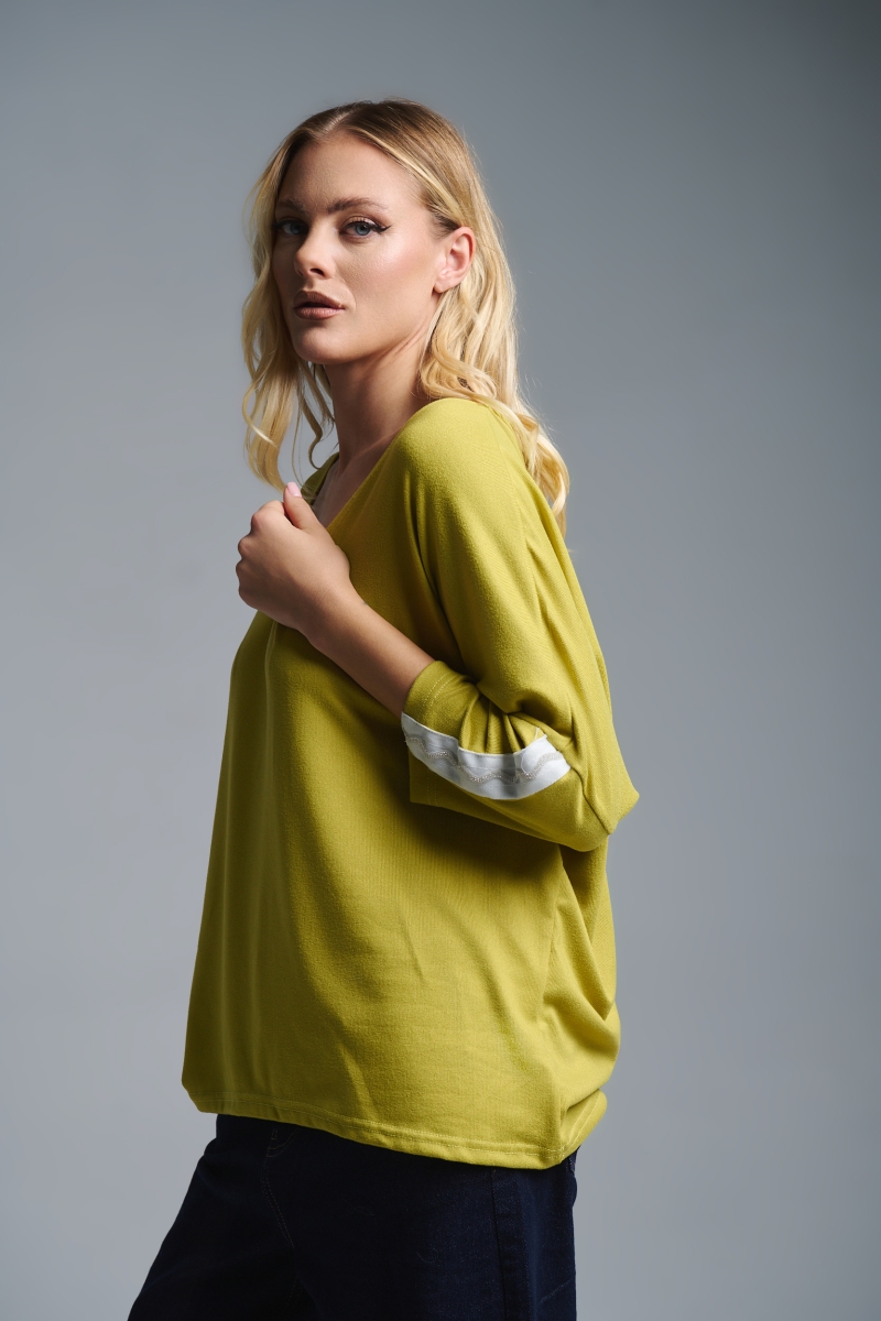 Kellys V-Neck Blouse with Rhinestone Sleeve Detail