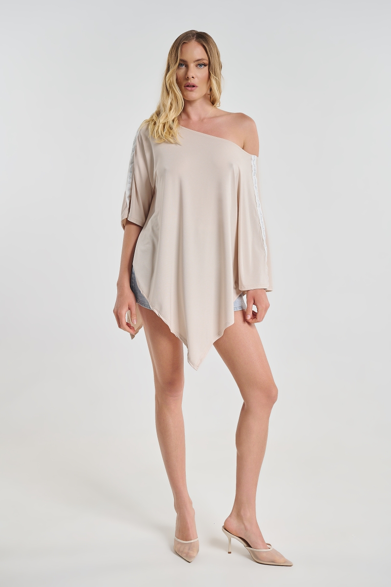 Women’s Asymmetrical Kellys Top with Batwing Sleeves & Rhinestones