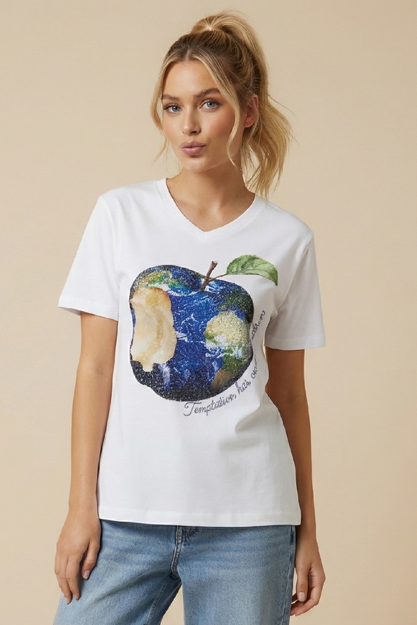 T-Shirt Με V Λαιμόκοψη Με Στρας Και Τύπωμα DEJAVU