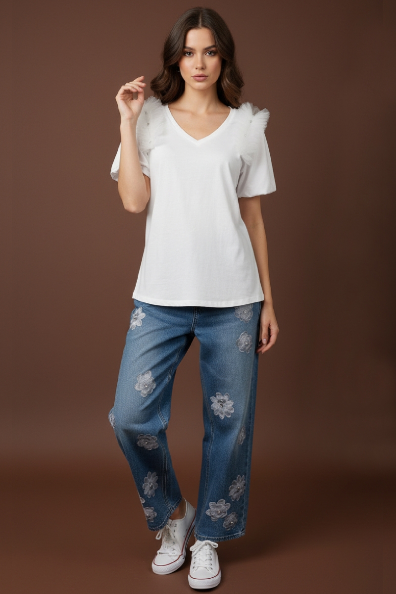 DEJAVU White T-Shirt With Tulle Shoulder Details